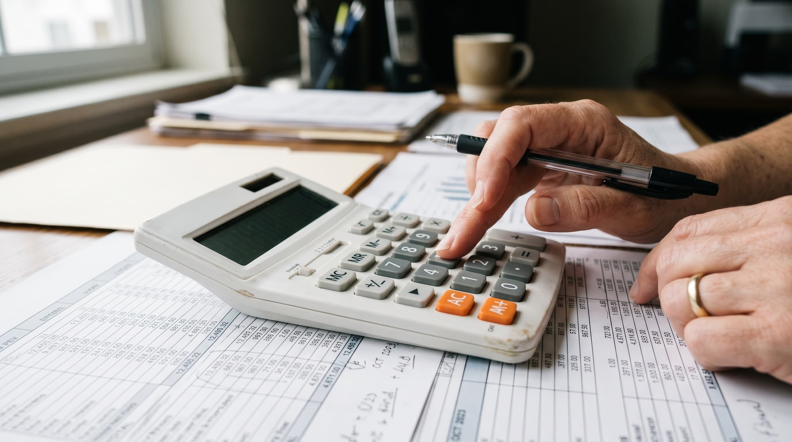Close-up of hands using a calculator over financial paperwork, invoices and tax documents on an office desk, ideal for accounting, bookkeeping, budgeting and finance concepts.